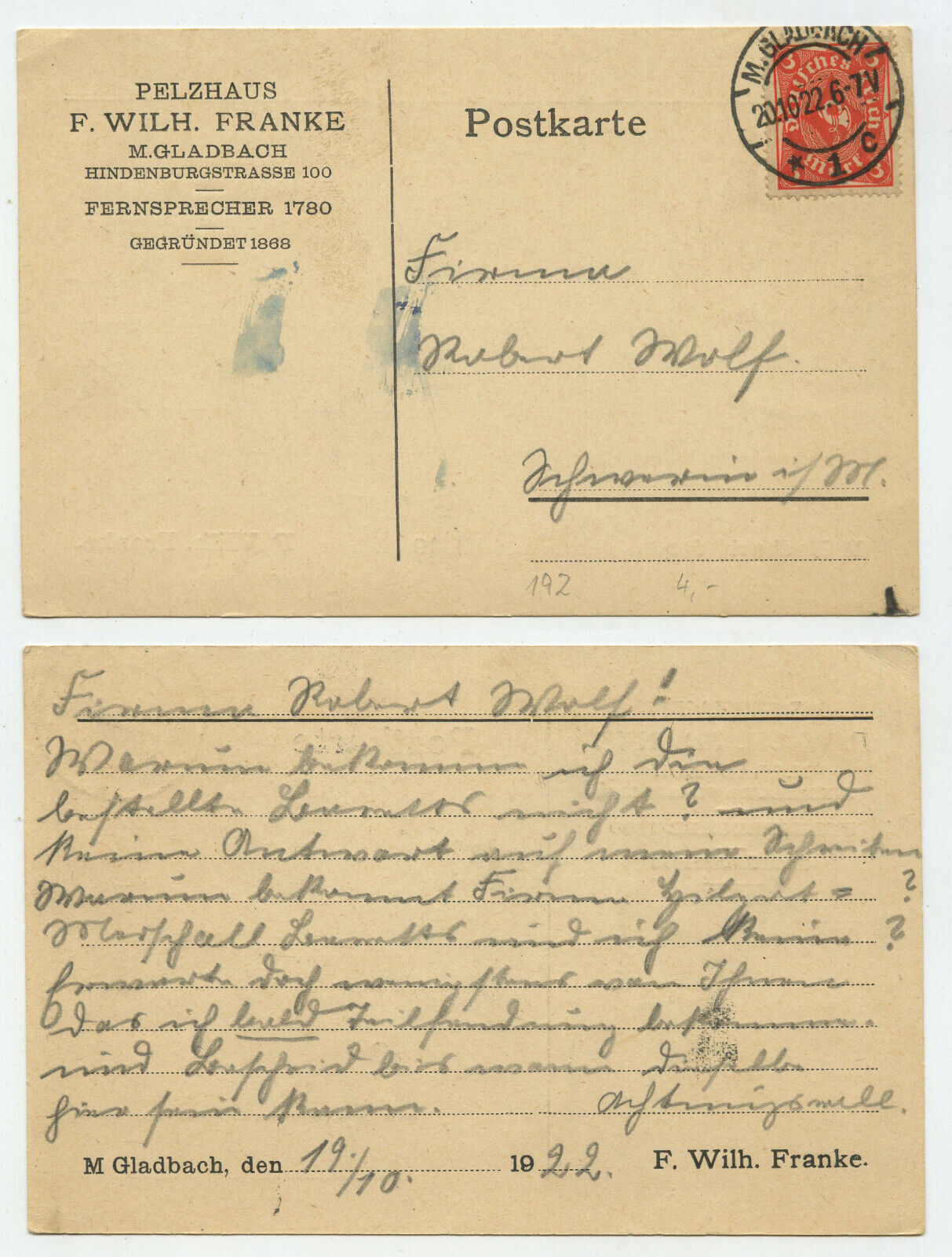 Handgeschriebene Postkarte aus Mönchengladbach von 1922 mit Stempel und Briefmarke