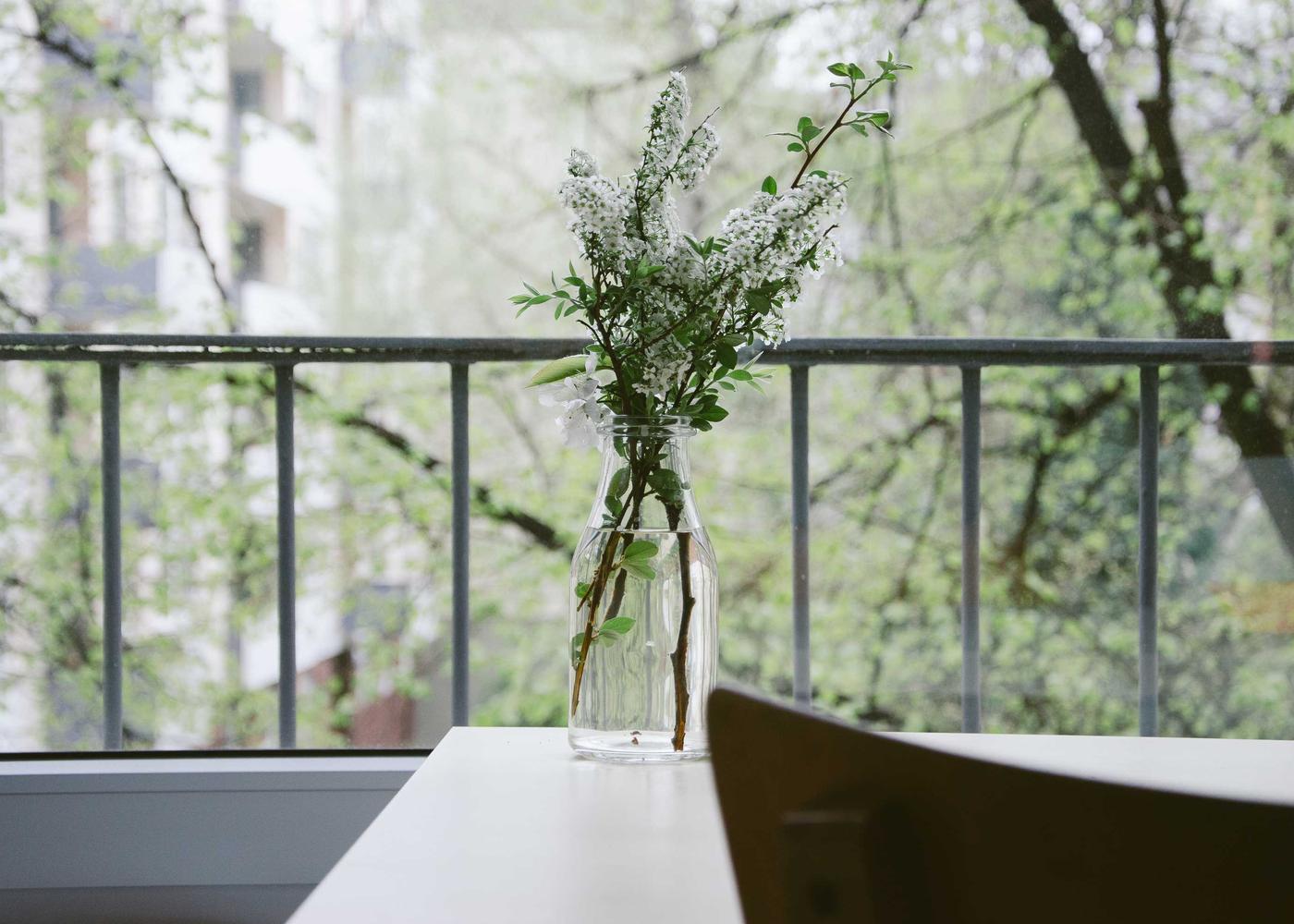 Glasvase mit blühenden Zweigen auf einem Tisch am Balkon, dahinter grüne Bäume